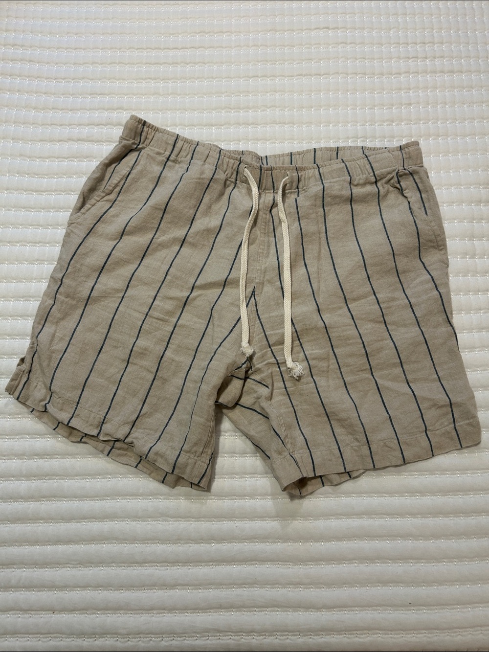 100% Linen Alex Crane Large Striped Beige Drawstring Hybrid Shorts